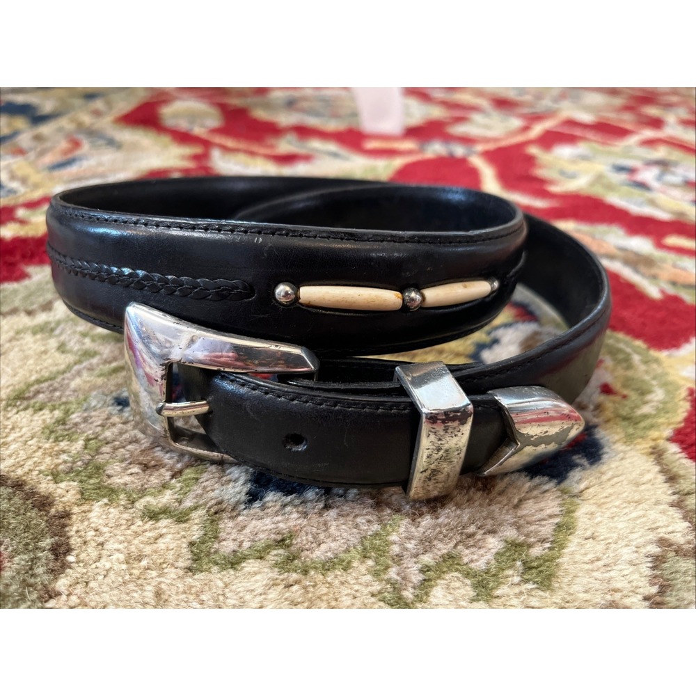 Vintage Onyx by Brighton Black Leather Belt 36 Western Silver Buckle Bead Inlay